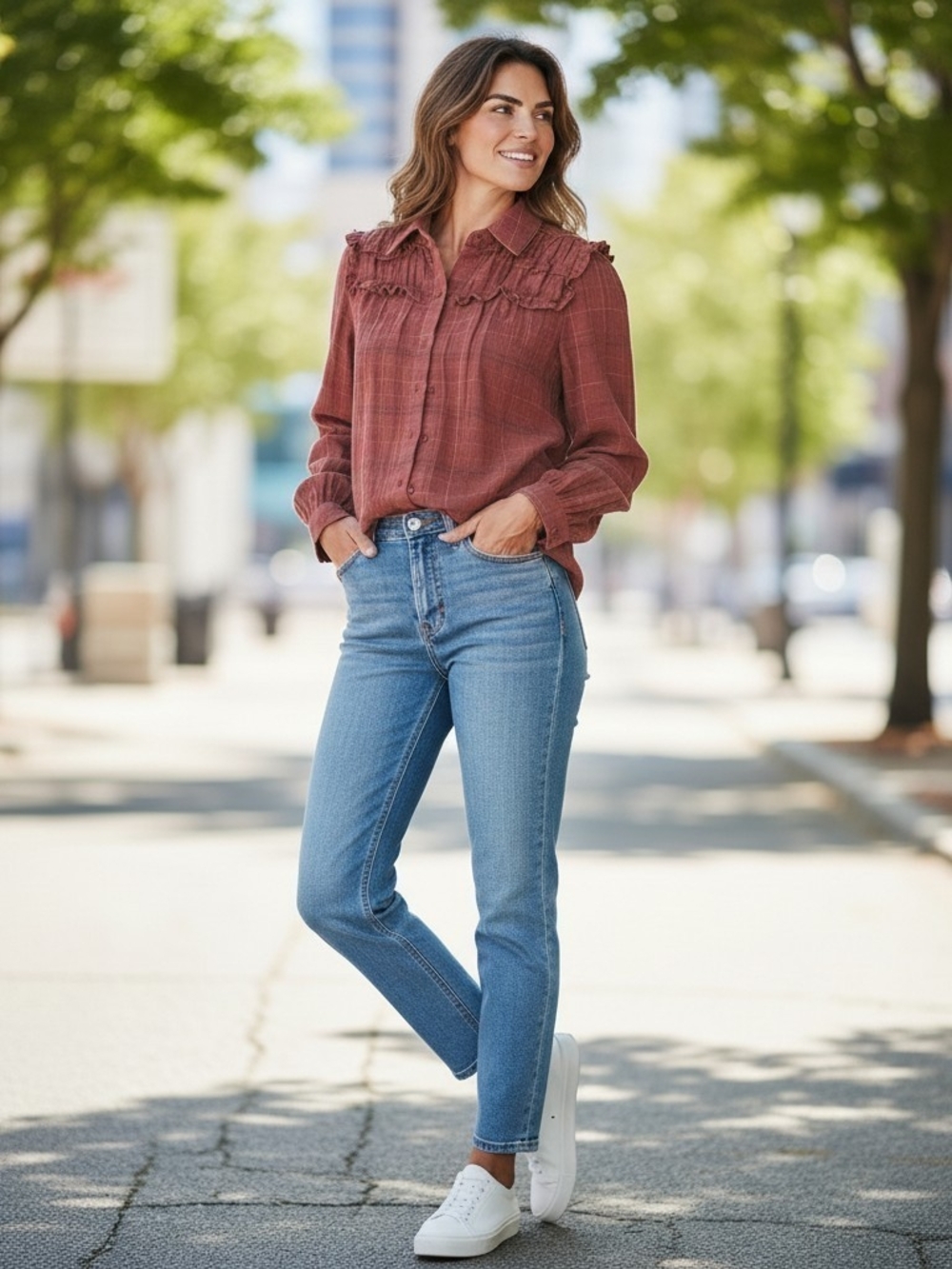 Max Studio Ruffle-Yoke Button-Front Blouse in Rust